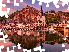 Kościół, Domy, Kolegiata Najświętszej Marii Panny, Rzeka Moza, Dinant, Belgia, Skała, Cytadela, Most