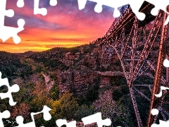 Kanion, Oak Creek, Skały, Zachód słońca, Midgely Bridge, Arizona, Stany Zjednoczone, Most