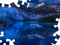 Odbicie, Jezioro Moraine, Alberta, Mgła, Góry, Park Narodo