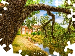 Dworek Helmingham Hall, Gałęzie, Suffolk, Dom, Drzewa, Fosa, Anglia