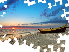 Słońca, Zachód, Plaża, Łajba, Morze