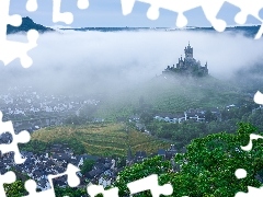 Miasto Cochem, Niemcy, Domy, Mgła, Zamek Reichsburg