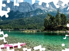 Drzewa, Góry, Bawaria, Niemcy, Kajak, Jezioro Eibsee