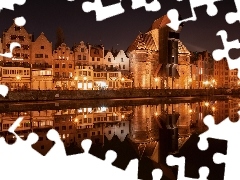 Rzeka Motława, Domy, Światła, Noc, Brama Żuraw, Gdańsk, Polska, Zabytek