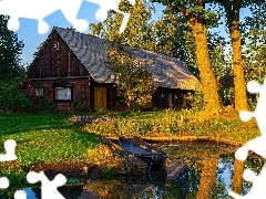 Drzewa, Łódka, Staw, Dom, Posesja