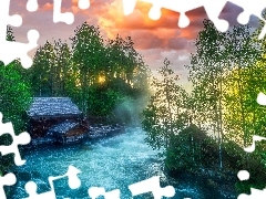 Zielone, Las, Drzewa, Rzeka, Laponia, Finlandia, Park Narodowy Oulanka, Gmina Kuusamo, Młyn Myllykoski