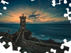 Murek, Latarnia morska, Morze, Chmury, Wschód słońca, Francja, Bretania, Droga, Kermorvan lighthouse, Gmina Conquet, Skały