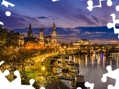 Rzeka Łaba, Mosty, Tarasy Bruhla, Oświetlone, Promenada, D