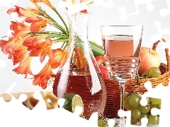 Kosz, Kwiaty, Ser, Wiklinowy, Pomarańczowe, Winogrona, Wino
