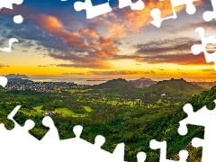 Honolulu, Nuuanu Punchbowl, Chmury, Wzgórza, Drzewa, Hawaje, Stany Zjednoczone, Góry