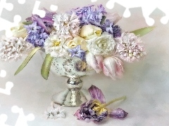 Hiacynty, Kwiaty, Wazon, Puchar, Tulipany, Bukiet