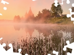 Domy, Mgła, Szuwary, Cerkiew, Rzeka, Drzewa, Odbicie