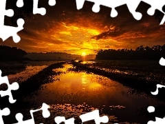 Drzewa, Aakulam Lake, Thiruvananthapuram, Zachód słońca, Jezioro, Chmury, Indie
