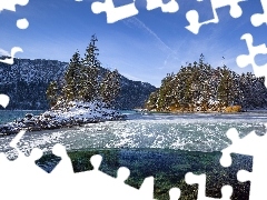 Eibsee, Kamienie, Niemcy, Śnieg, Bawaria, Jezioro, Góry, D