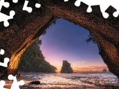 Zachód słońca, Morze, Nowa Zelandia, Skały, Region Waikato, Jaskinia, Cathedral Cove, Półwysep Coromandel