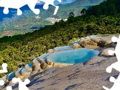 Góry, Drzewa, Chiny, Skały, Prowincja Yunnan, Kaskada, Tarasy wodne, Baishui Terrace