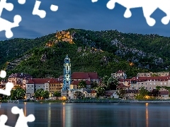 Rzeka Dunaj, Góry, Budowle, Domy, Durnstein, Austria, Kościół, Klasztor, Drzewa