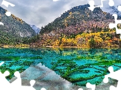 Lasy, Góry, Chmury, Jesień, Jezioro, Drzewa