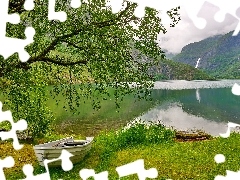 Fiord, Norwegia, Sognefjorden, Góry, Skjolden, Norwegia, Łódka, Wodospad Asafossen, Drzewo