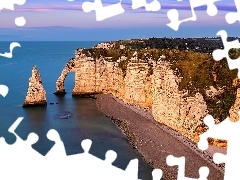 Wybrzeże, Klify, Francja, Porte dAval, Etretat, Morze, Wschód słońca, Skały