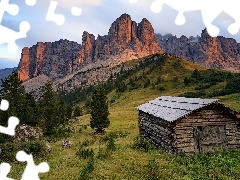Wzgórza, Łąka, Dolomity, Włochy, Góry, Szopa