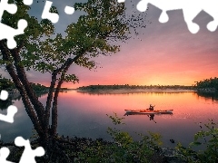 Drzewa, French River, Ontario, Kajak, Rzeka, Wschód słońc