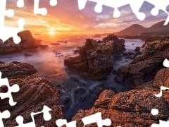 Big Sur, Morze, Zachód słońca, Skały, Kamienie, Kalifornia, Stany Zjednoczone, Góra
