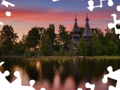 Zaróżowione, Niebo, Jezioro, Drzewa, Cerkiew
