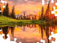 Stratowulkan Mount Rainier, Zachód słońca, Jezioro, Tipso