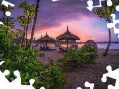 Leżaki, Parasole, Mauritius, Palmy, Zachód słońca, Plaż