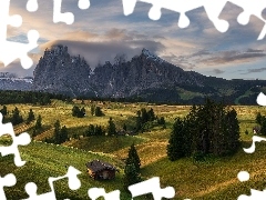 Drewniane, Drzewa, Domki, Seiser Alm, Płaskowyż, Chmury, V