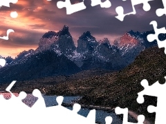 Jezioro, Lake Pehoe, Chile, Chmury, Patagonia, Cordillera de