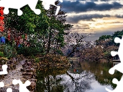 Drzewa, Jezioro Tai Hu, Latarnia, Altana, Ścieżka, Prowincja Jiangsu, Chiny, Park