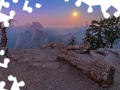 Skały, Góry, Drzewa, Suchy, Kalifornia, Stany Zjednoczone, Mgła, Park Narodowy Yosemite, Konar
