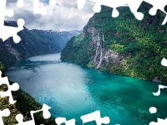 Fiord, Norwegia, Wodospad, Lasy, Geirangerfjord, Góry