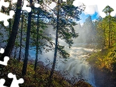 Niebo, Kamienie, Jesień, Rzeka, Wodospad, Vancouver Island,