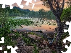 Drzewa, Góry, Łódki, Czarnogóra, Jezioro Szkoderskie, La