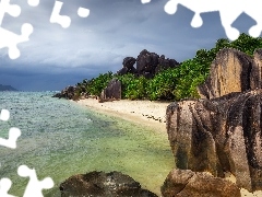 Morze, Wyspa La Digue, Skały, Głazy, Chmury, Seszele, Palm