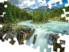 Skały, Drzewa, Wodospad, Sunwapta Falls, Alberta, Kanada, S