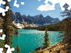 Moraine Lake, Drzewa, Alberta, Jezioro, Góry, Park Narodowy