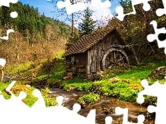 Kamienie, Rzeka, Wzgórze, Strumień, Drzewa, Zbocze, Młyn wodny