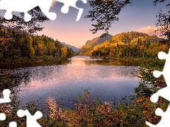 Jezioro, Kanada, Drzewa, Góry, Quebec, Jesień, Krzewy