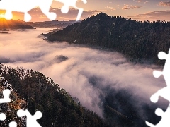 Pieniny, Polska, Skały, Mgła, Wschód słońca, Góry