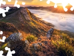 Rzeka Tukituki River, Góry Te Mata Peak, Mgła, Wzgórza, Dolina, Region Hawkes Bay, Nowa Zelandia, Wschód słońca