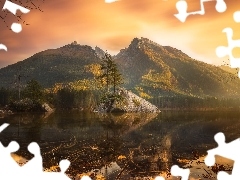 Góry Alpy, Skały, Bawaria, Drzewa, Jezioro Hintersee, Zach