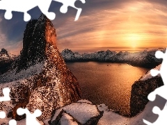 Morze, Norwegia, Wyspa, Senja, Śnieg, Słoneczne światło,