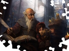 Diablo 2, Gra, Postacie, Deckard Cain, Księgi, Świece, Miś, Pióro, Dziewczynka