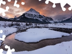 Drzewa, GĂłry, Alberta, Rzeka, Zima, Chmury, Kanada