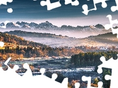 Lasy, GĂłry, JesieĹ, Polska, Drzewa, MgĹa