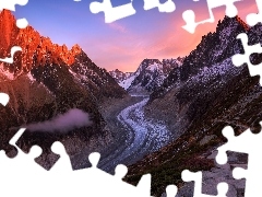 Masyw, Mont Blanc, Francja, Lodowiec, ZachĂłd sĹoĹca, Alpy, GĂłry, Mer de Glace